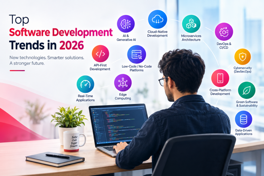 Top software development trends in 2026 including AI, cloud computing, automation and modern technologies